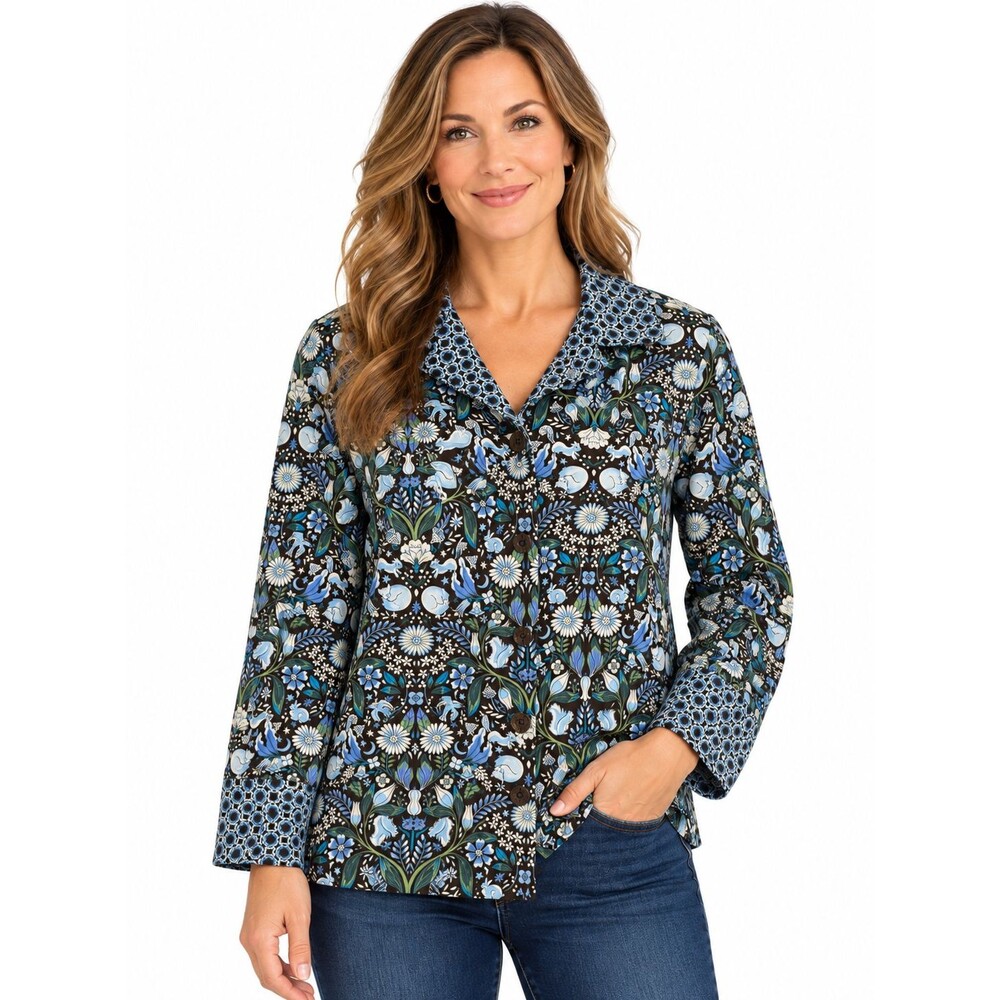 Vera Bradley Floral Blouse Womens L Collared Button Front Cottagecore Boho Top